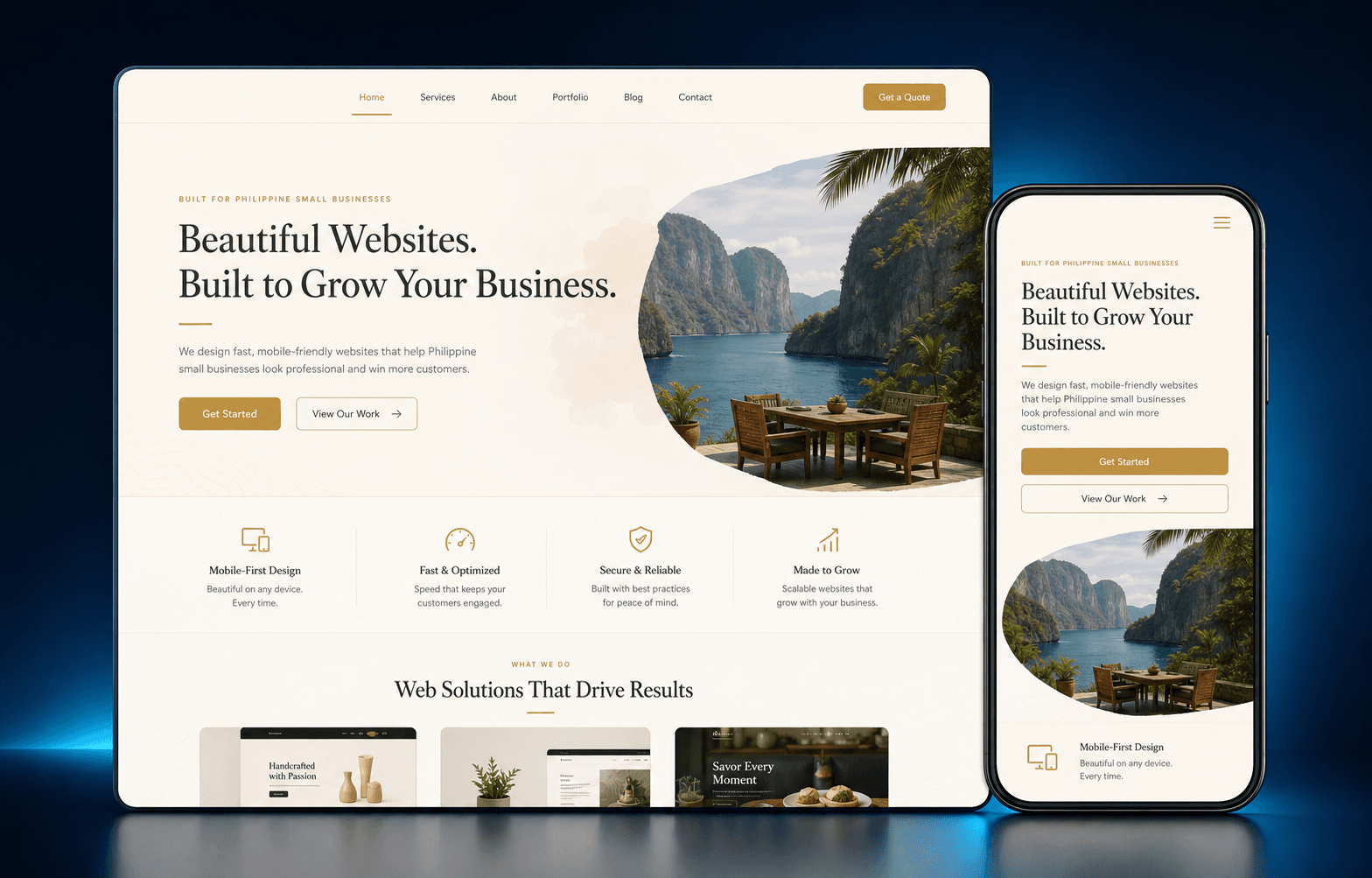 Responsive landing page displayed on desktop and mobile